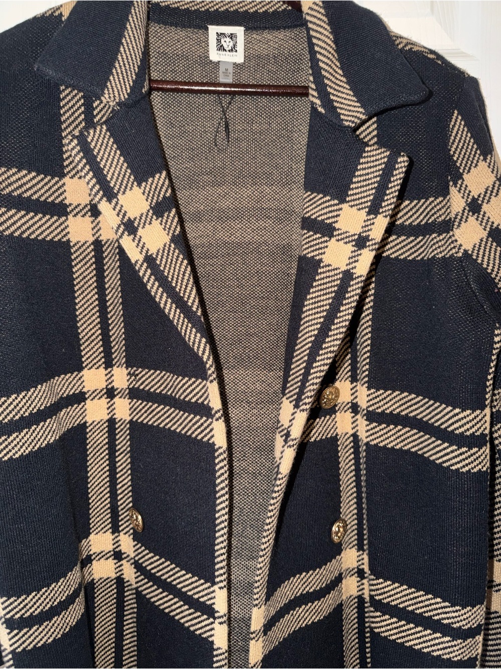 Anne Klein Black and Beige Plaid Double-Breasted Pea Coat - Picture 4 of 7